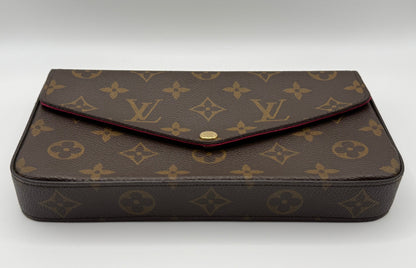 Louis Vuitton Félicie Pochette front view showing Monogram canvas pattern and gold snap closure