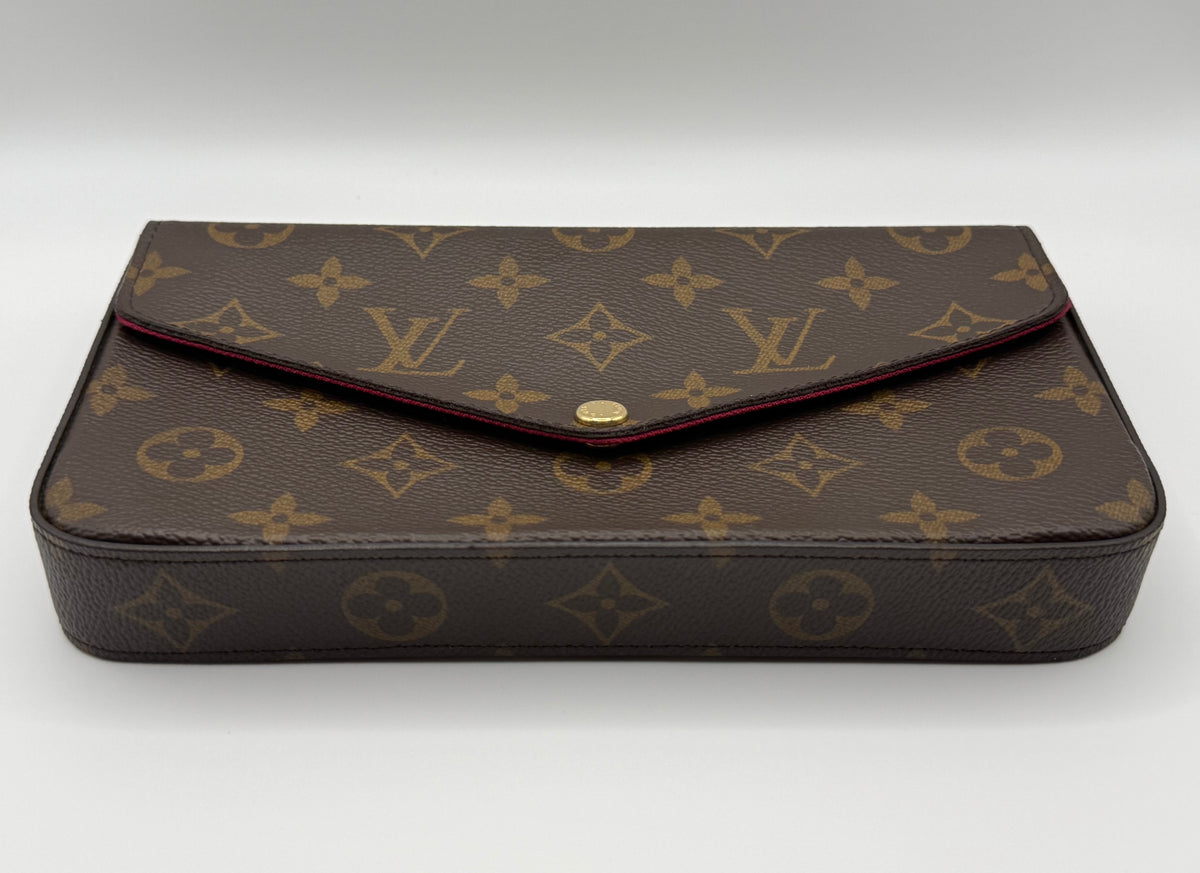 Louis Vuitton Félicie Pochette front view showing Monogram canvas pattern and gold snap closure
