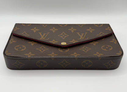 Louis Vuitton Félicie Pochette front view showing Monogram canvas pattern and gold snap closure