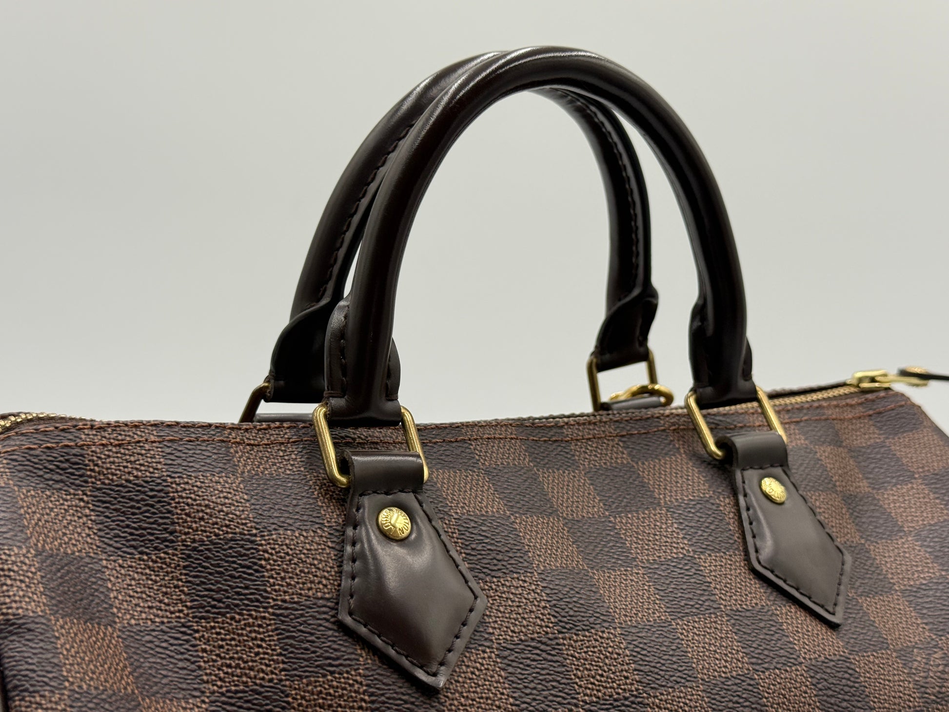 Close-up of the rolled leather handles on the Louis Vuitton Speedy 30