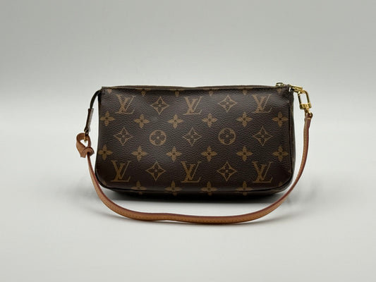 Louis Vuitton Pochette Accessoires Monogram — front view with vachetta leather strap