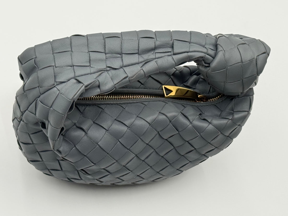 Bottega Veneta Mini Jodie grey Intrecciato leather handbag – top view with gold-tone zip